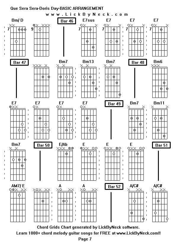 Chord Grids Chart of chord melody fingerstyle guitar song-Que Sera Sera-Doris Day-BASIC ARRANGEMENT,generated by LickByNeck software.